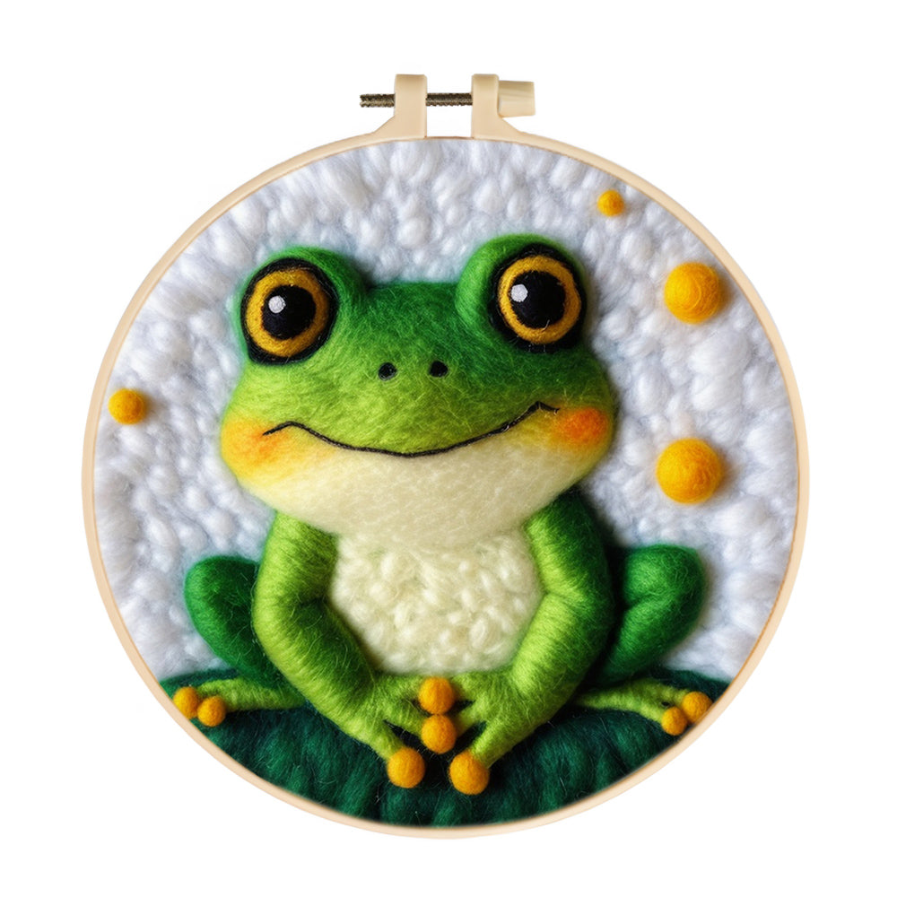 Frog Smiles Among Yellow Circles Wool Needle Felting Painting Kit