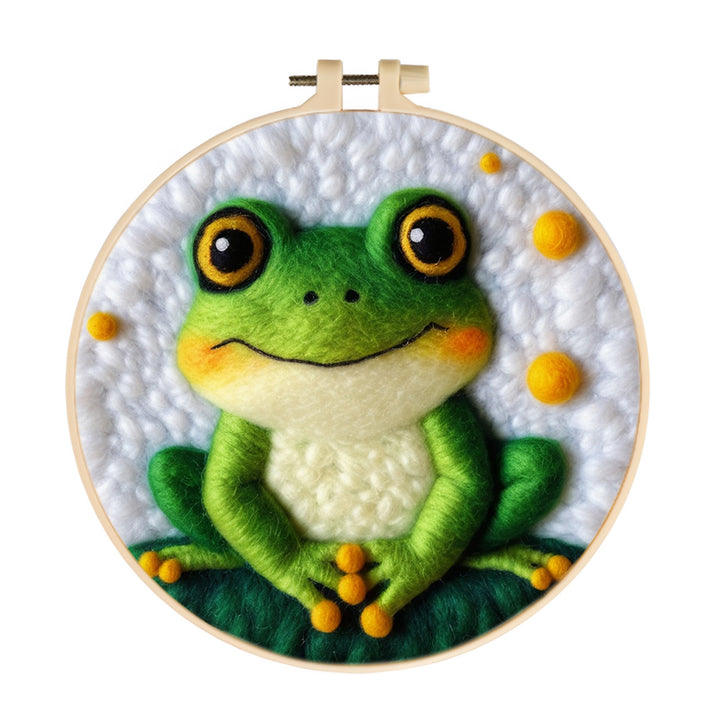 Frog Smiles Among Yellow Circles Wool Needle Felting Painting Kit