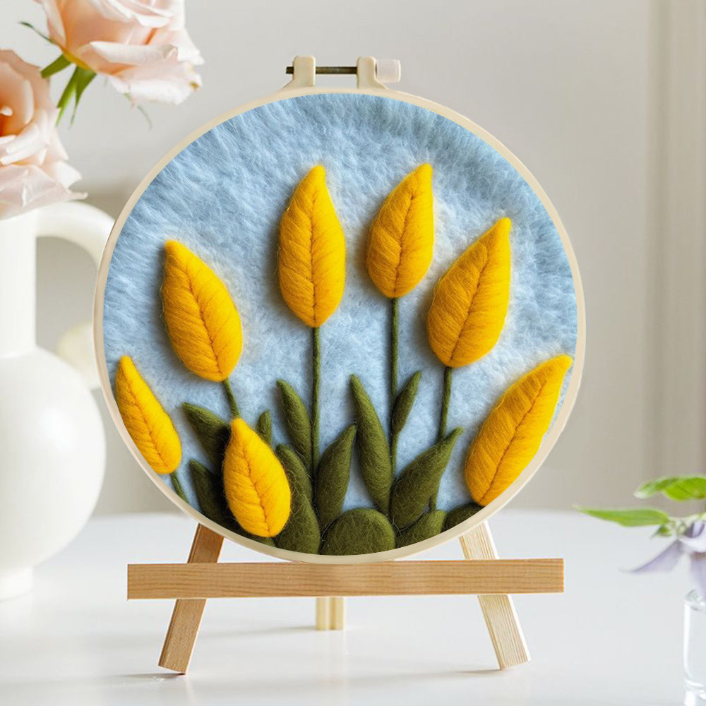 Golden Blooms Stand Among Green Leaves Wool Needle Felting Painting Kit