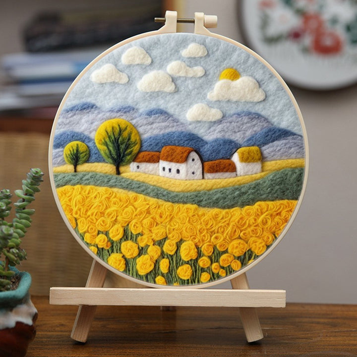 Houses Surrounded by Yellow Flowers Wool Needle Felting Painting Kit
