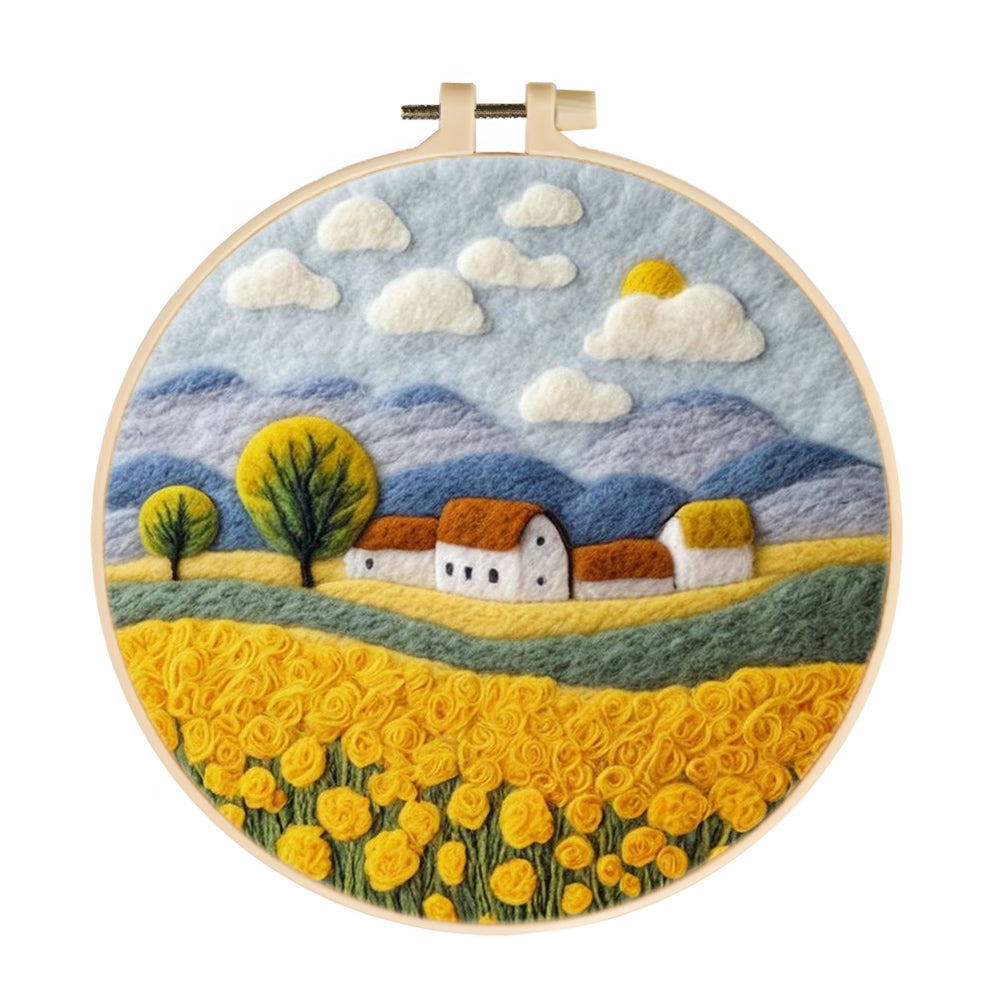 Houses Surrounded by Yellow Flowers Wool Needle Felting Painting Kit