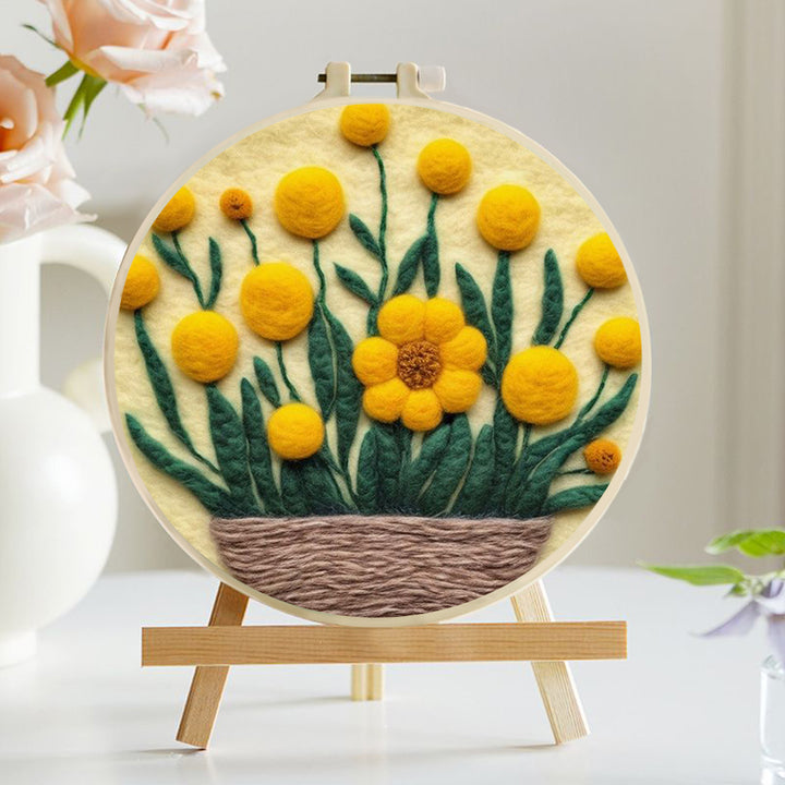 Yellow Flowers Bloom in Brown Basket Wool Needle Felting Painting Kit
