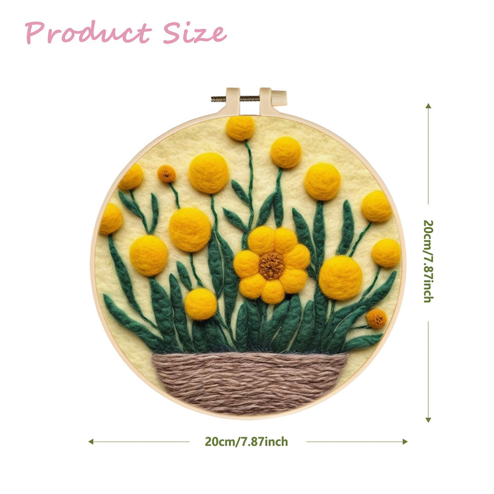 Yellow Flowers Bloom in Brown Basket Wool Needle Felting Painting Kit
