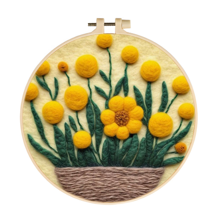 Yellow Flowers Bloom in Brown Basket Wool Needle Felting Painting Kit