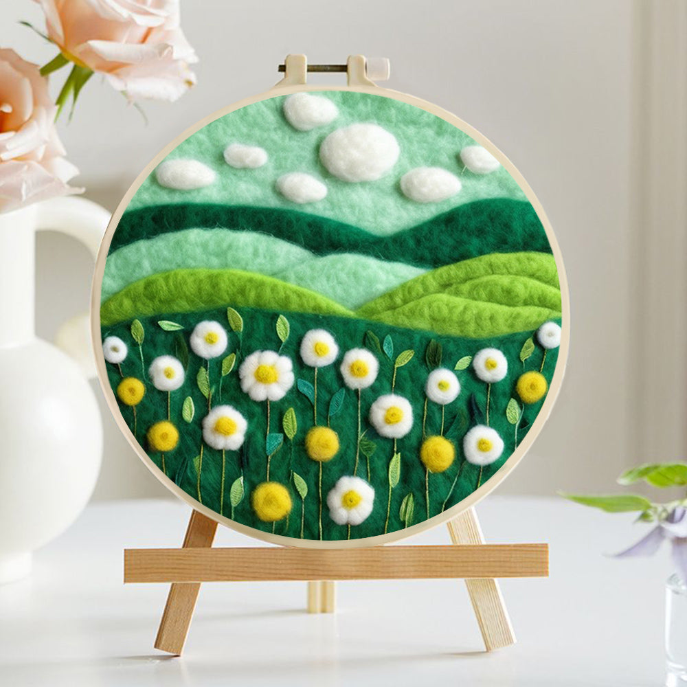 Clouds Drift Above Green Rolling Hills Wool Needle Felting Painting Kit