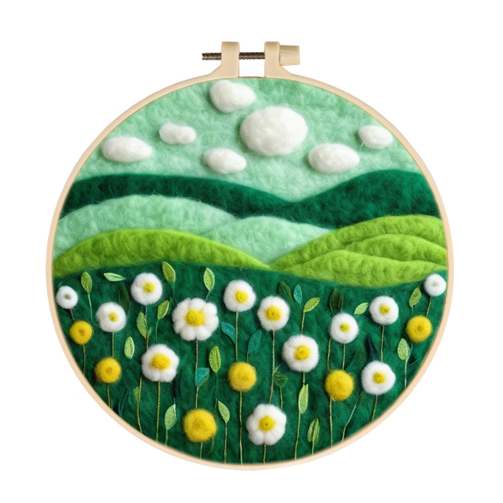 Clouds Drift Above Green Rolling Hills Wool Needle Felting Painting Kit