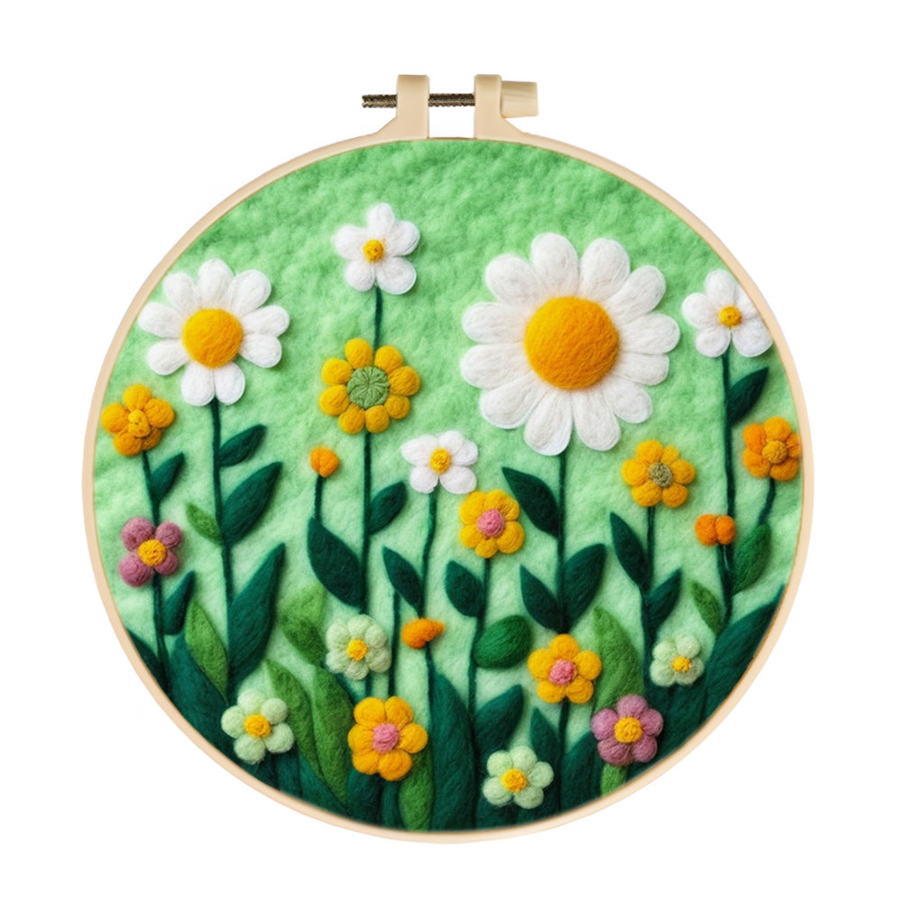 Daisies and Flowers Blossom in Green Wool Needle Felting Painting Kit