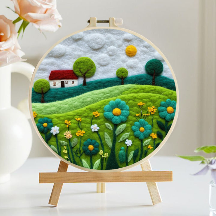 House Amid Colorful Flowers and Hills Wool Needle Felting Painting Kit