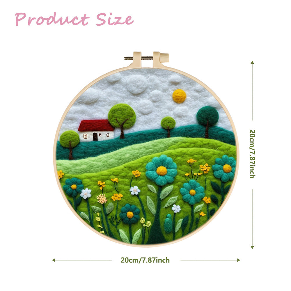 House Amid Colorful Flowers and Hills Wool Needle Felting Painting Kit