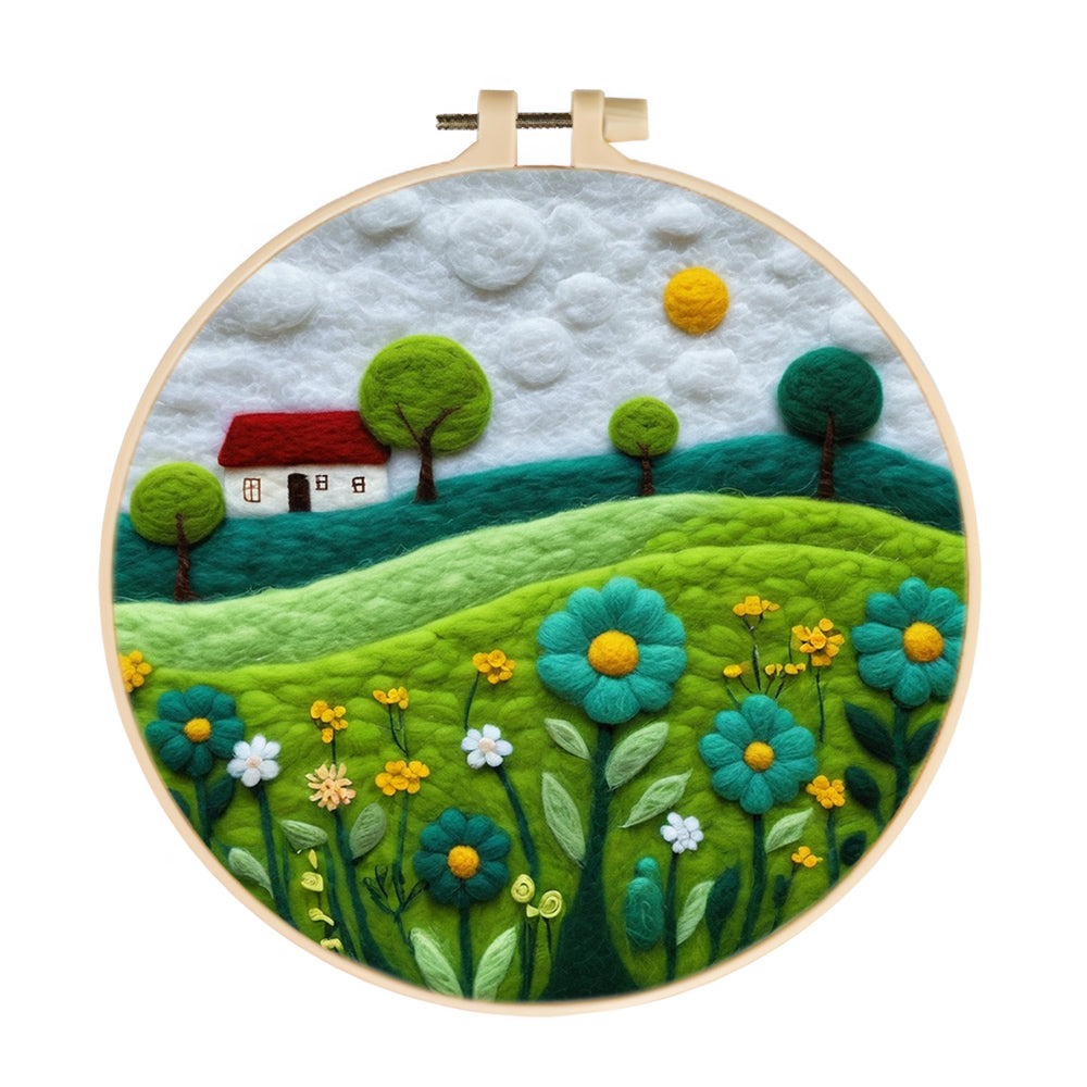 House Amid Colorful Flowers and Hills Wool Needle Felting Painting Kit