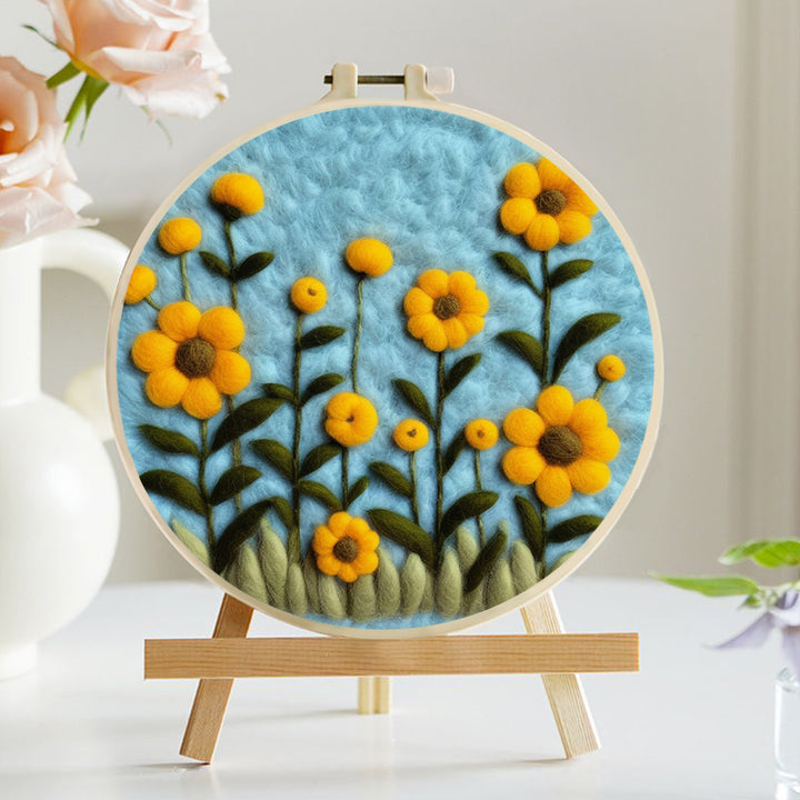 Bright Yellow Flowers Amidst Green Leaves Wool Needle Felting Painting Kit