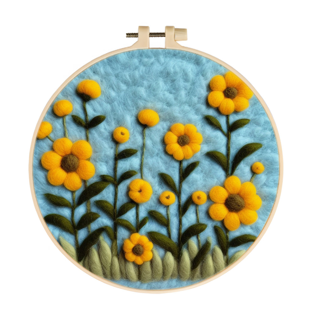 Bright Yellow Flowers Amidst Green Leaves Wool Needle Felting Painting Kit