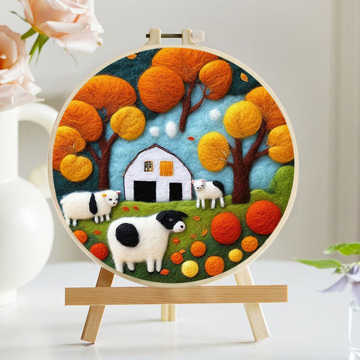 Farm Scene with Cows and Falling Leaves Wool Needle Felting Painting Kit