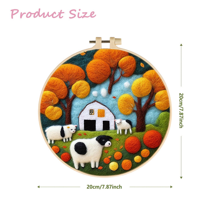 Farm Scene with Cows and Falling Leaves Wool Needle Felting Painting Kit