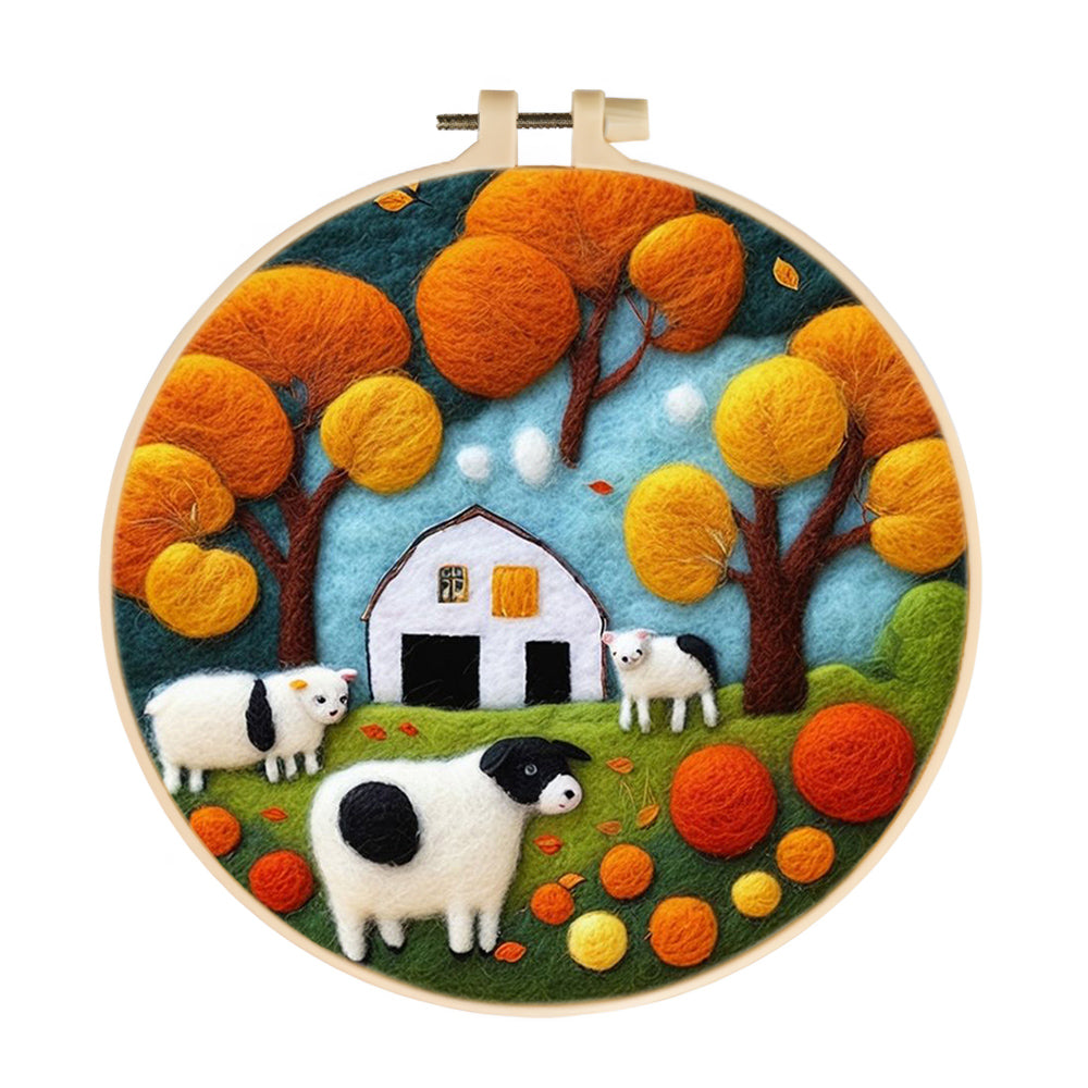 Farm Scene with Cows and Falling Leaves Wool Needle Felting Painting Kit