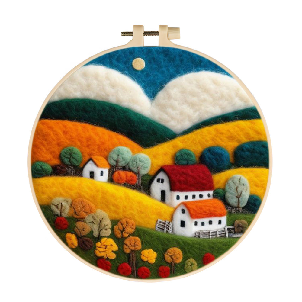 Village on the Colorful Hillside Wool Needle Felting Painting Kit