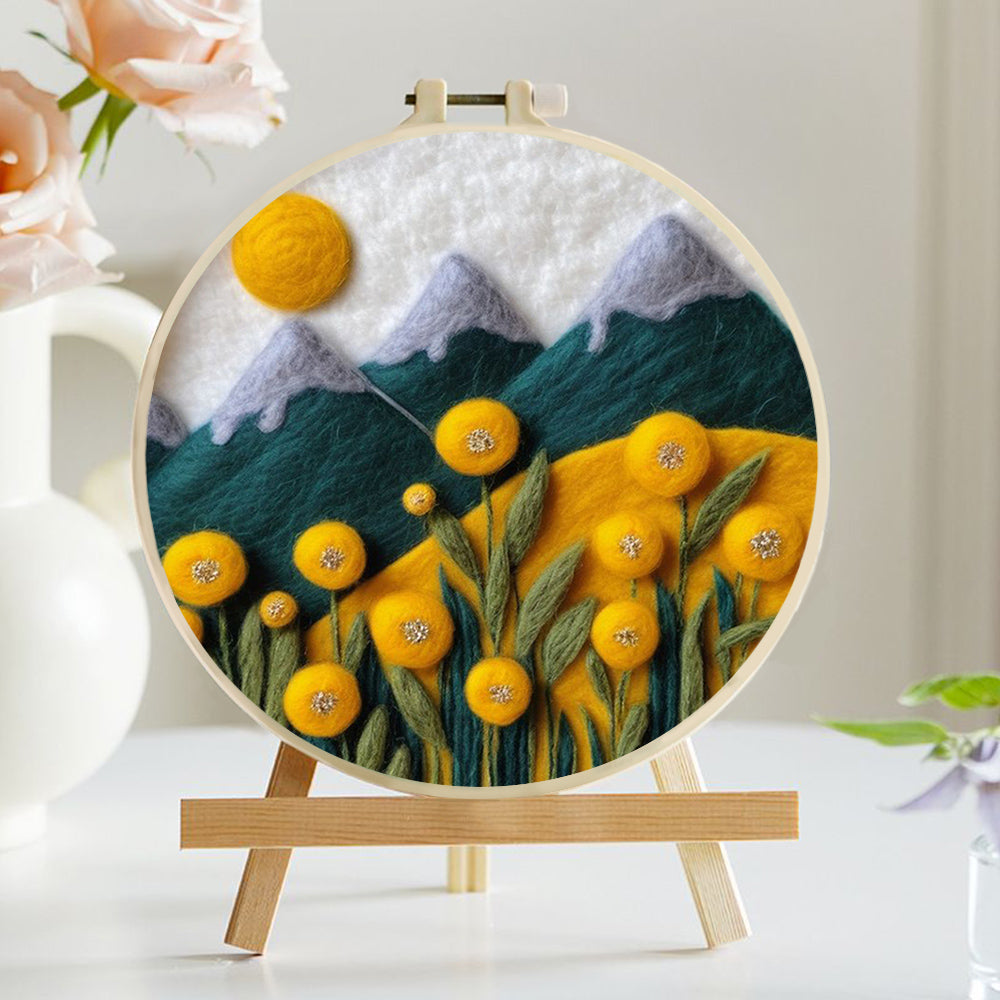Sun Over Mountains with Yellow Flower Field Wool Needle Felting Painting Kit