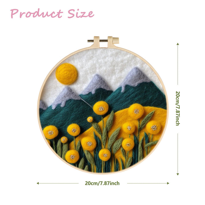 Sun Over Mountains with Yellow Flower Field Wool Needle Felting Painting Kit