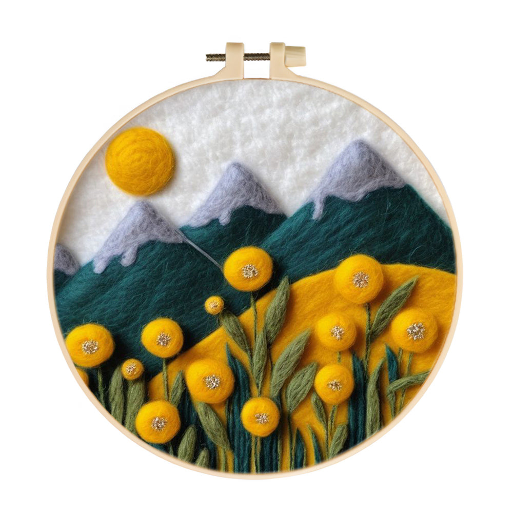 Sun Over Mountains with Yellow Flower Field Wool Needle Felting Painting Kit