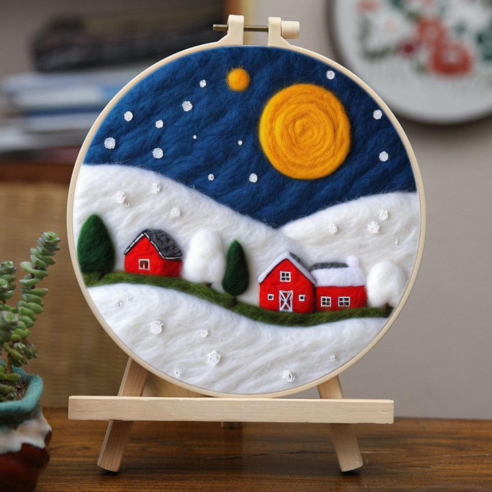 Red Houses in Heavy Snow under the Moonlight Wool Needle Felting Painting Kit