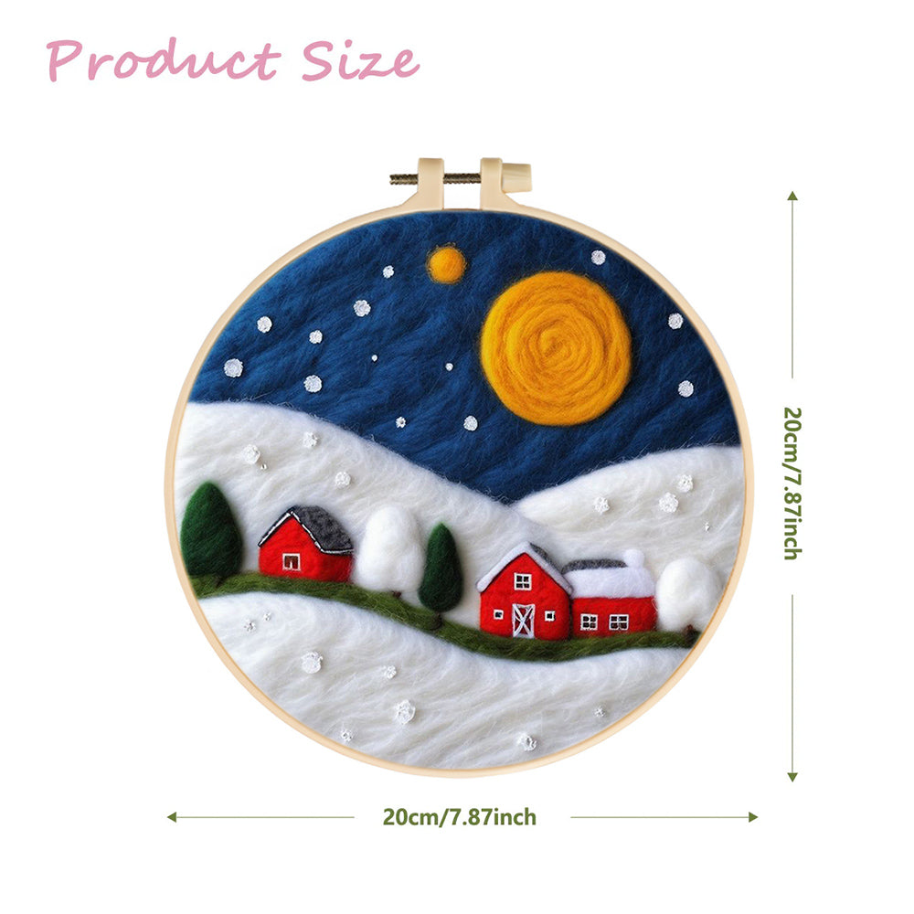 Red Houses in Heavy Snow under the Moonlight Wool Needle Felting Painting Kit