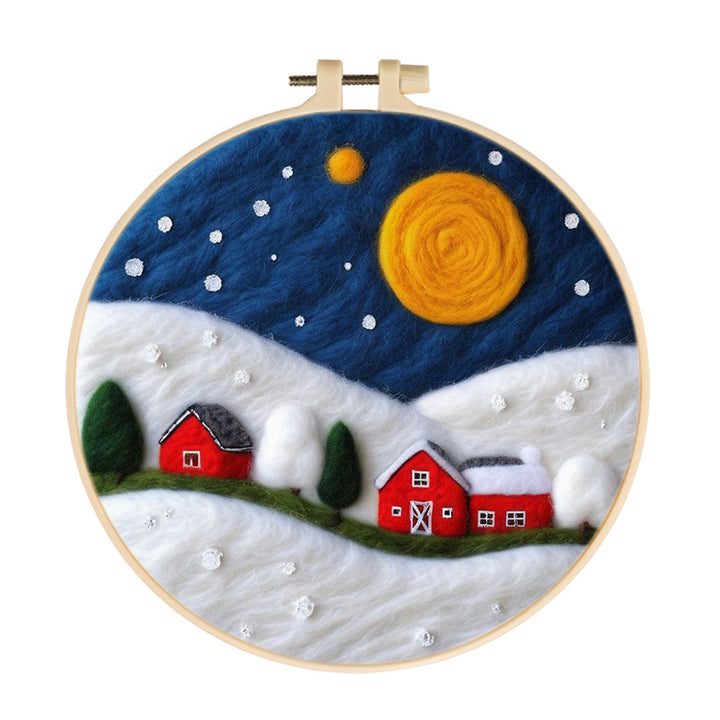Red Houses in Heavy Snow under the Moonlight Wool Needle Felting Painting Kit