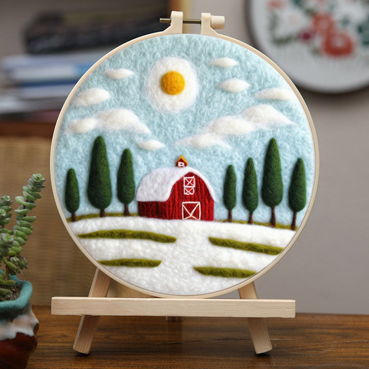 Red House and Green Pine Trees in the Snow Wool Needle Felting Painting Kit