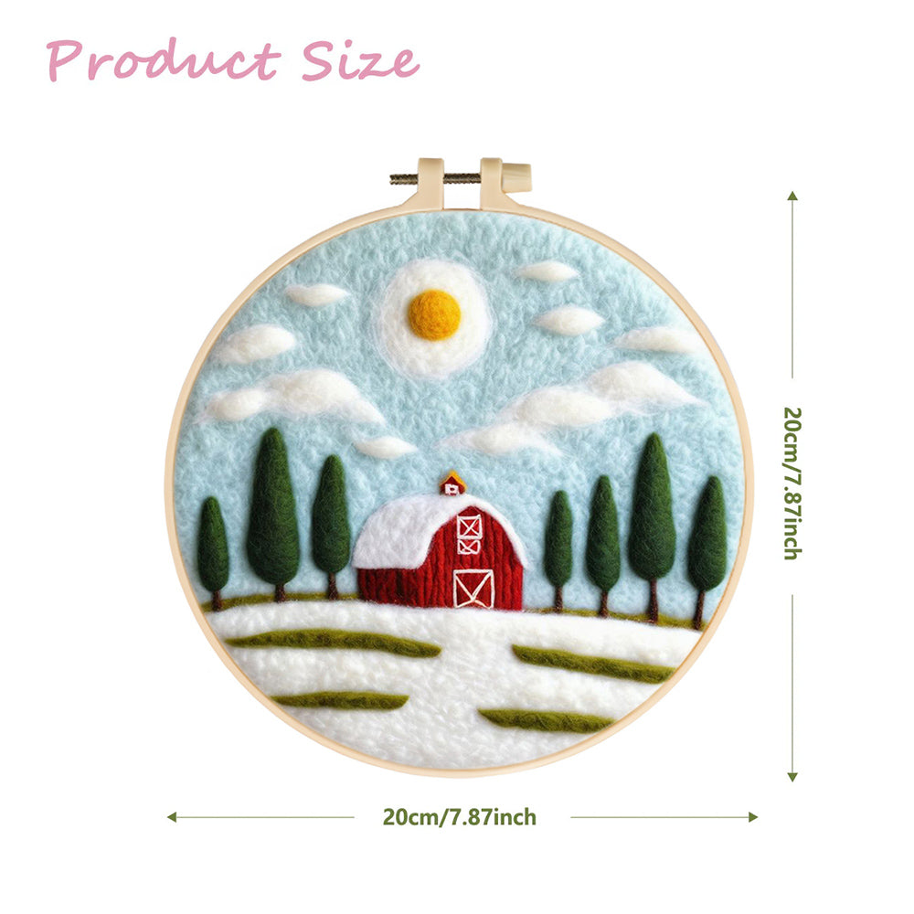 Red House and Green Pine Trees in the Snow Wool Needle Felting Painting Kit