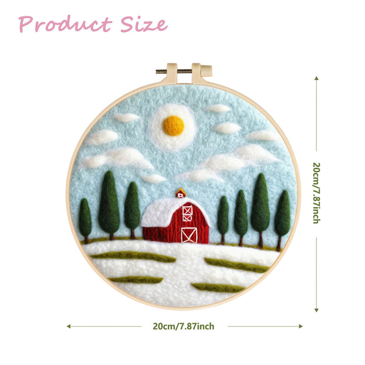 Red House and Green Pine Trees in the Snow Wool Needle Felting Painting Kit