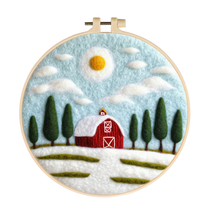 Red House and Green Pine Trees in the Snow Wool Needle Felting Painting Kit
