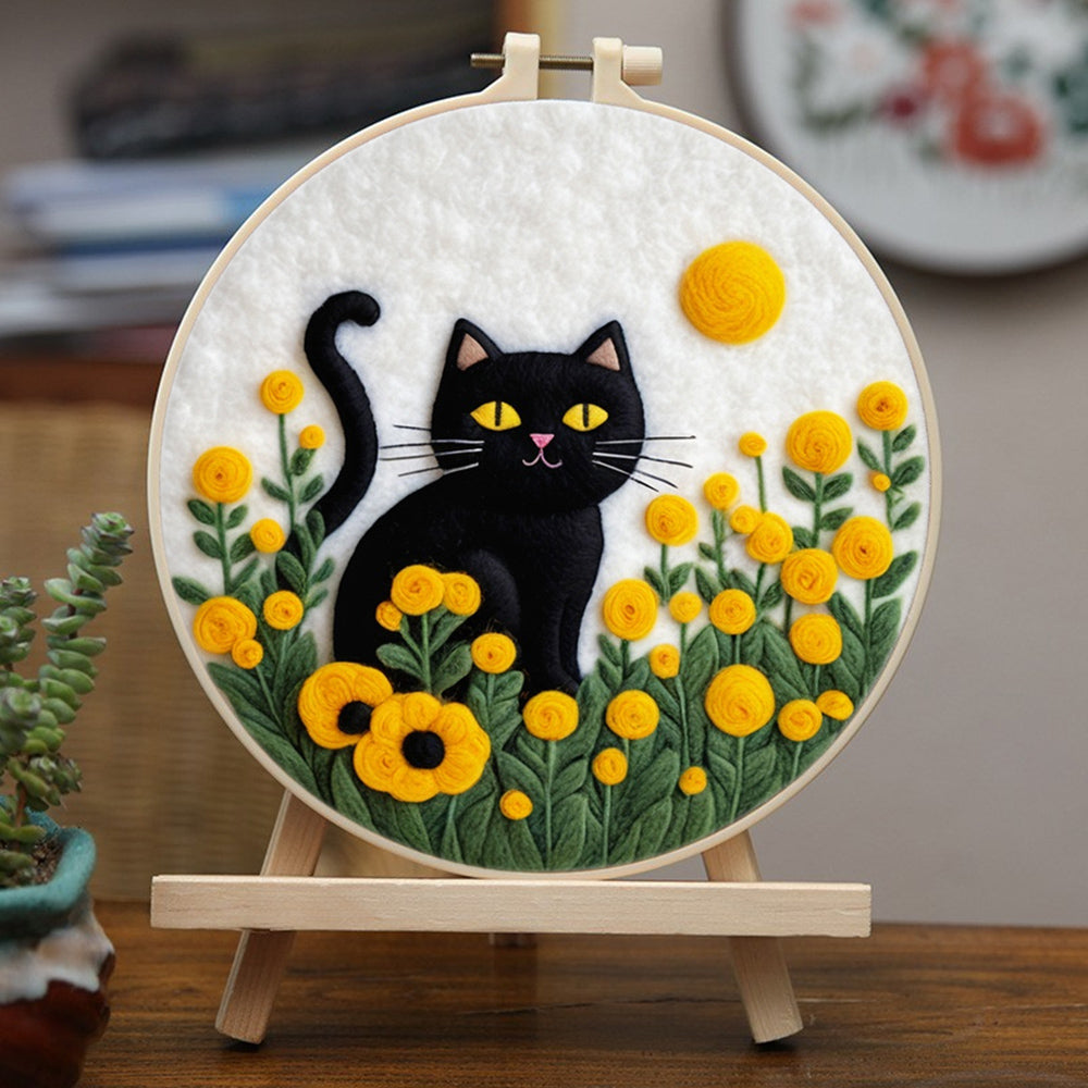Black Cat among the Sunflowers Wool Needle Felting Painting Kit