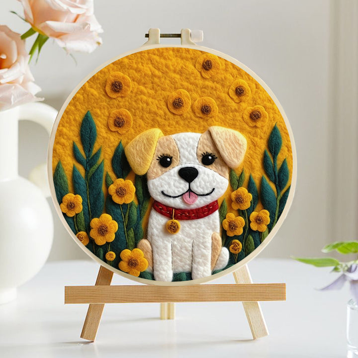 Cute Dog Sitting Amid Yellow Blossoms Wool Needle Felting Painting Kit