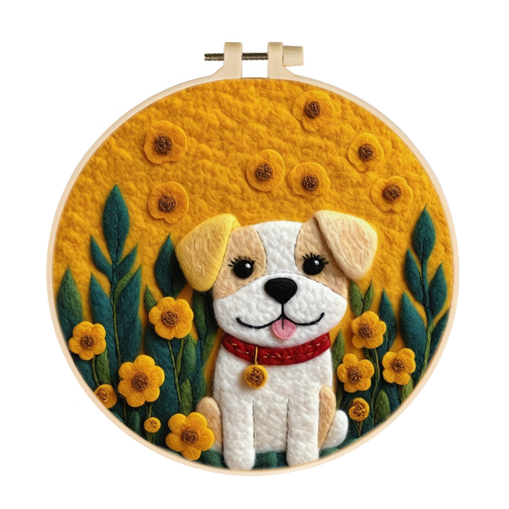 Cute Dog Sitting Amid Yellow Blossoms Wool Needle Felting Painting Kit