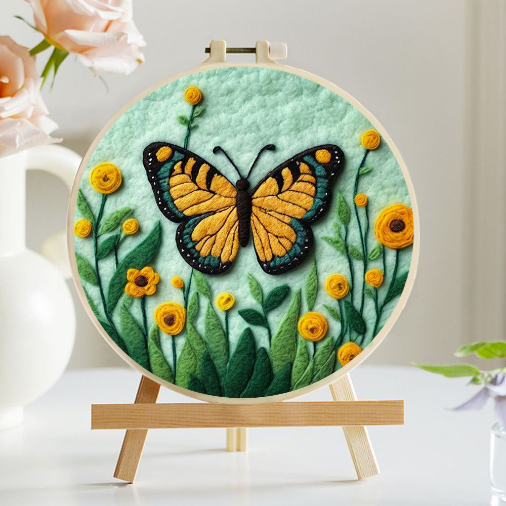 Yellow Butterfly Hovering Above Spring Flowers Wool Needle Felting Painting Kit