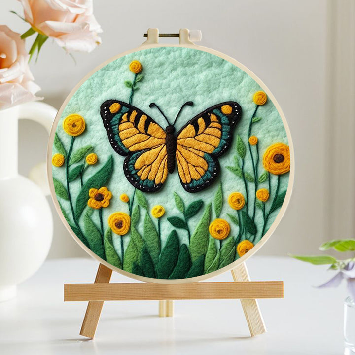 Yellow Butterfly Hovering Above Spring Flowers Wool Needle Felting Painting Kit