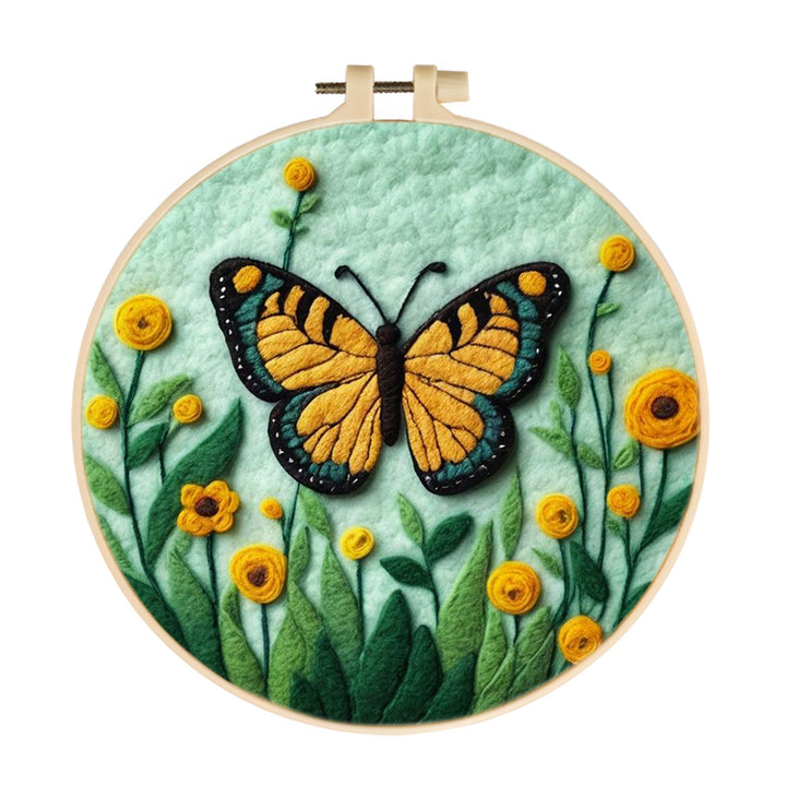 Yellow Butterfly Hovering Above Spring Flowers Wool Needle Felting Painting Kit