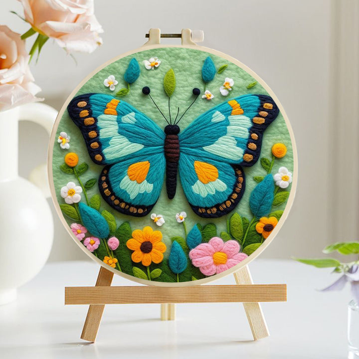 Blue Butterfly Among Spring Flowers Wool Needle Felting Painting Kit