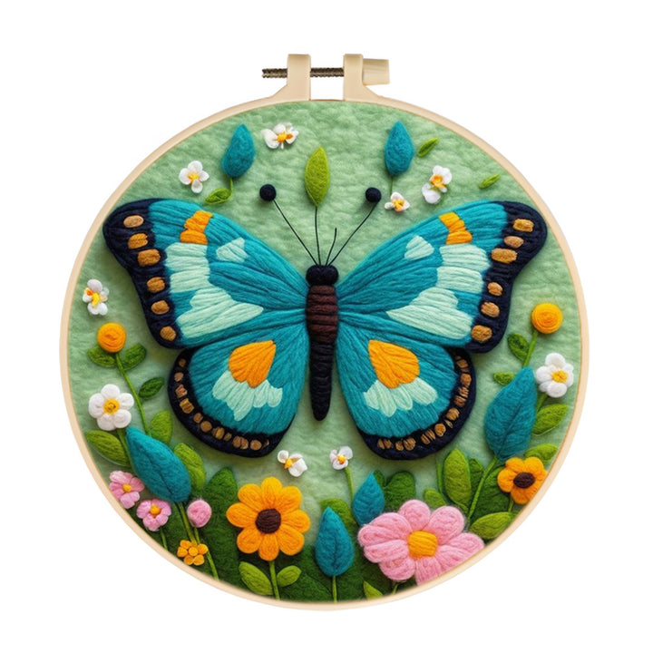 Blue Butterfly Among Spring Flowers Wool Needle Felting Painting Kit