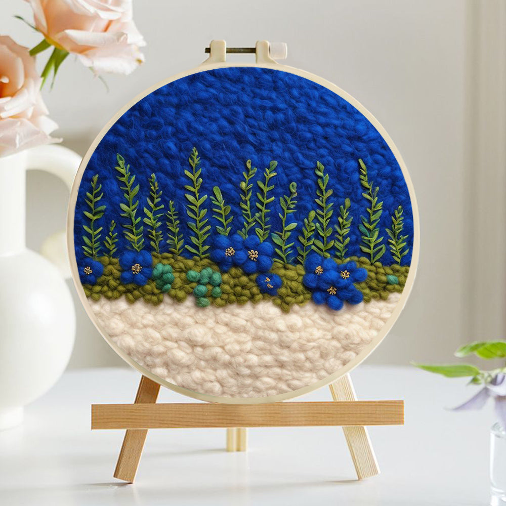 Green Vines and Blue Flowers Wool Needle Felting Painting Kit