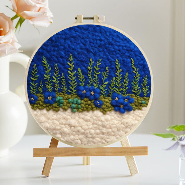 Green Vines and Blue Flowers Wool Needle Felting Painting Kit