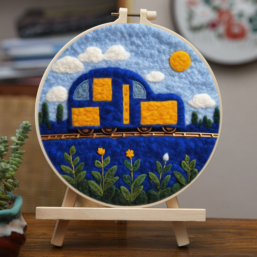 Blue Locomotive on the Track Wool Needle Felting Painting Kit