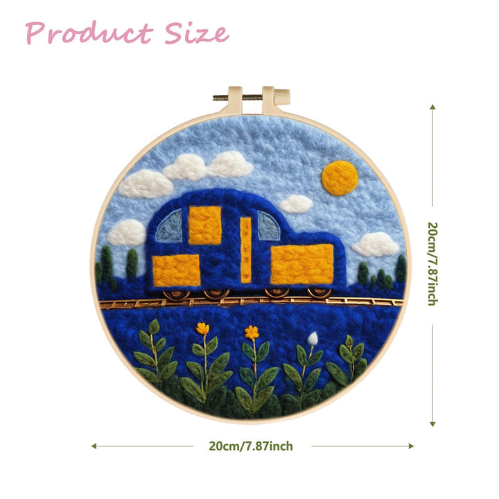 Blue Locomotive on the Track Wool Needle Felting Painting Kit