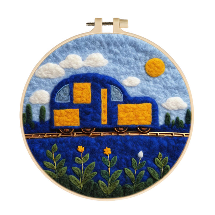Blue Locomotive on the Track Wool Needle Felting Painting Kit