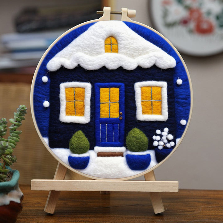 Blue House Covered in Snow Wool Needle Felting Painting Kit
