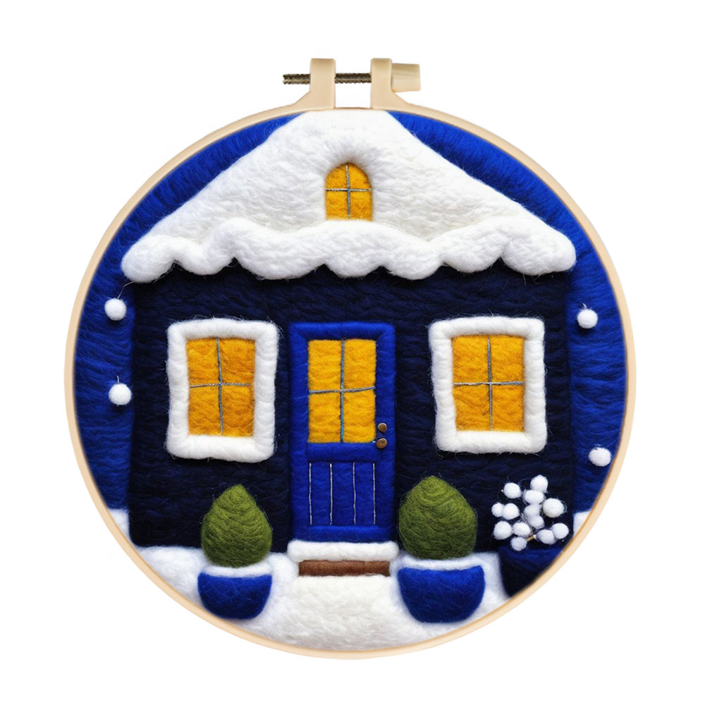 Blue House Covered in Snow Wool Needle Felting Painting Kit