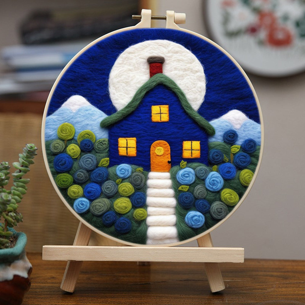 Blue House and Roses Wool Needle Felting Painting Kit