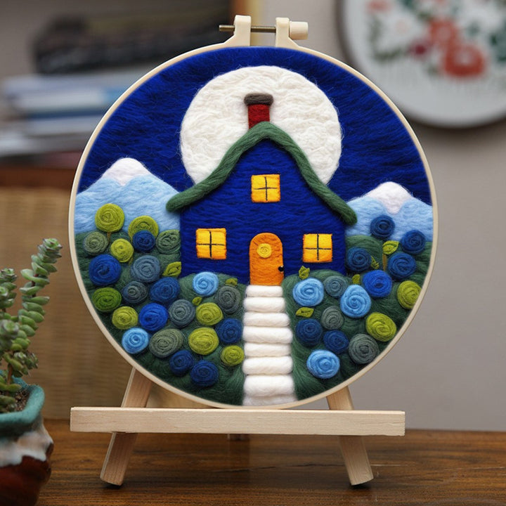 Blue House and Roses Wool Needle Felting Painting Kit