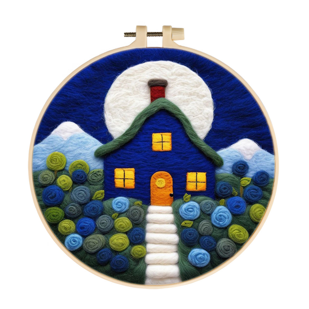 Blue House and Roses Wool Needle Felting Painting Kit