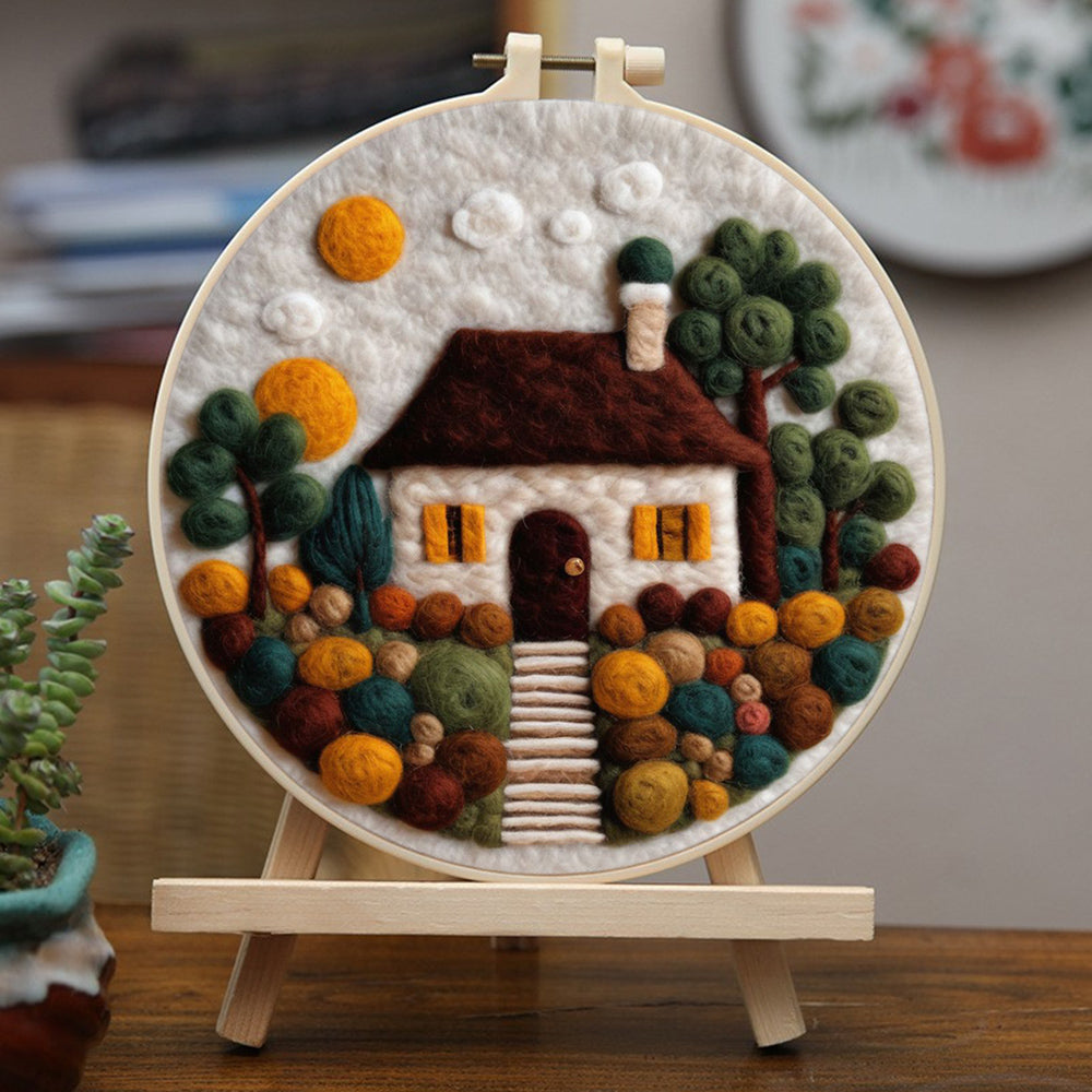 Brown House and Flowers Wool Needle Felting Painting Kit
