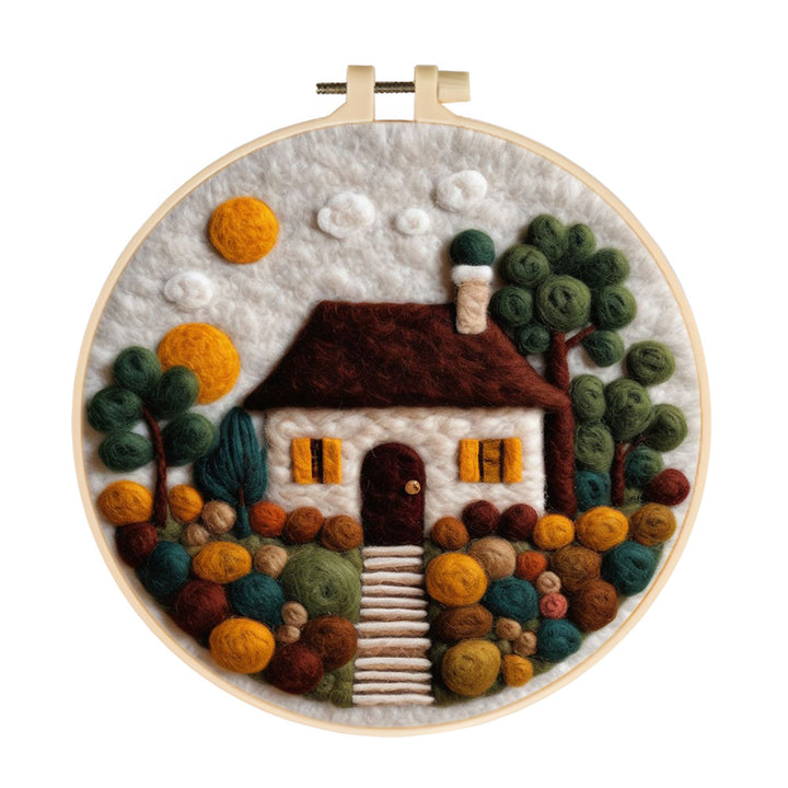 Brown House and Flowers Wool Needle Felting Painting Kit
